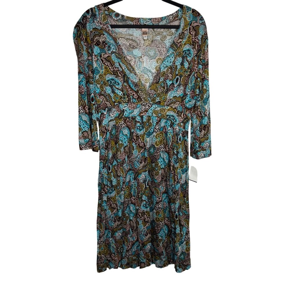 Vintage Rag Retro Paisley Print 3/4 Sleeve Stretchy Flowy Dress 1X Made In USA‎
